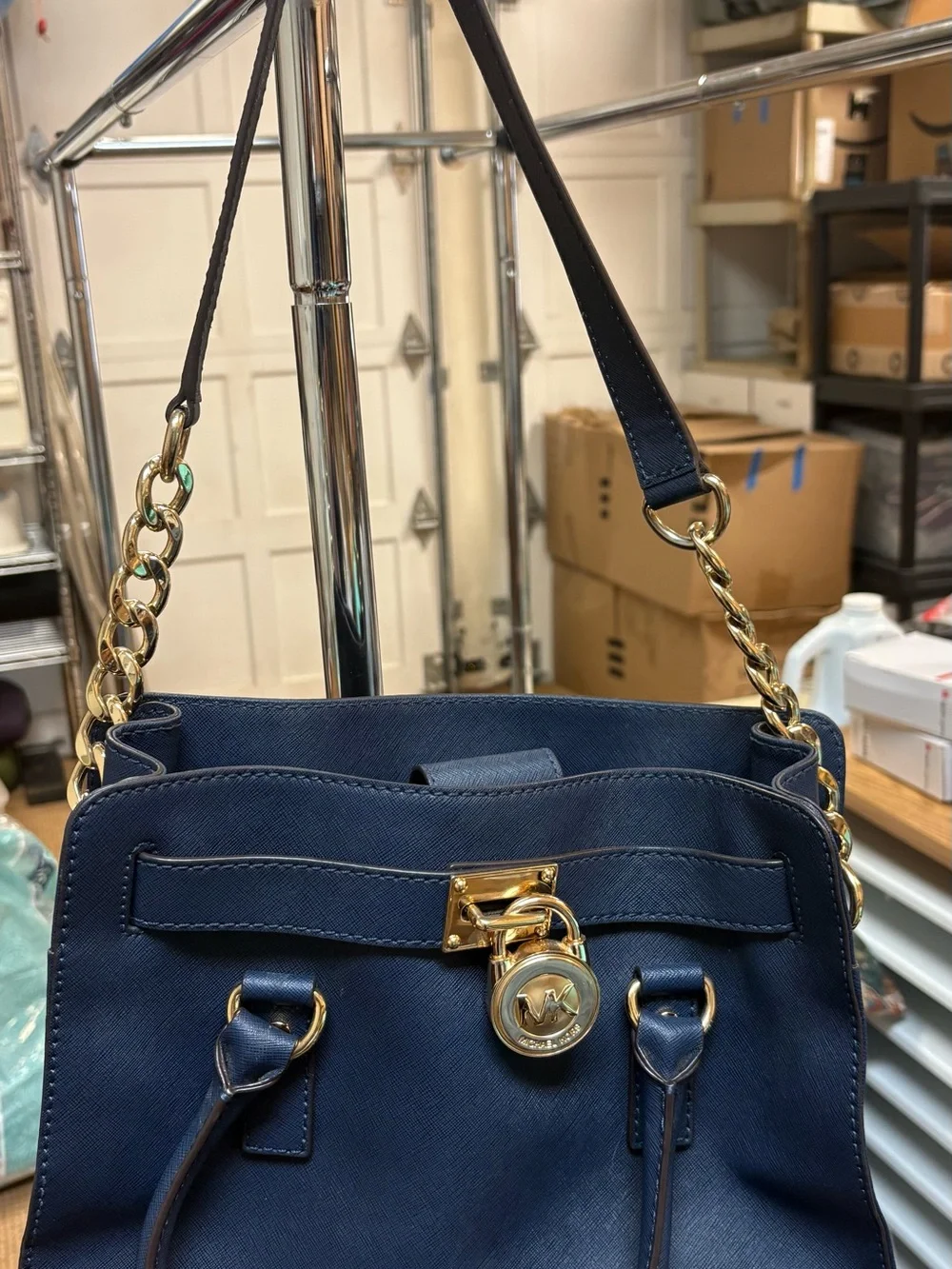 Classic Navy Satchel with Gold Lock Hardware
